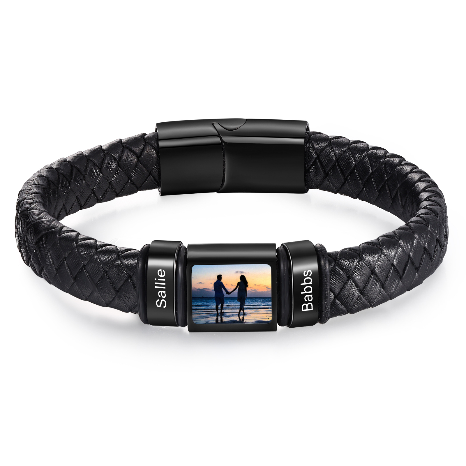 Herren Schmuck – Personalisiertes 1 Foto & 2 Namen Leder Armband – Einzigartiges Geschenk