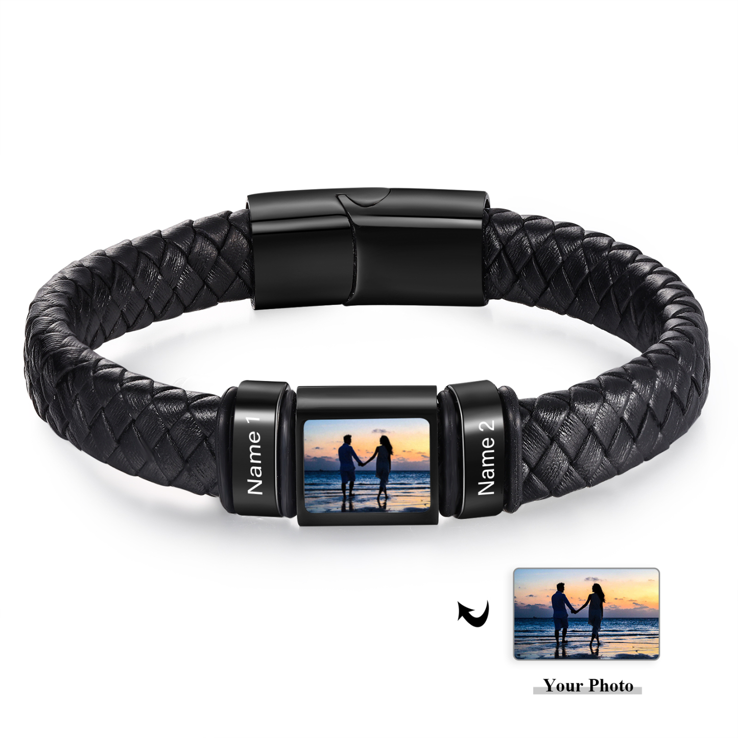 Herren Schmuck – Personalisiertes 1 Foto & 2 Namen Leder Armband – Einzigartiges Geschenk