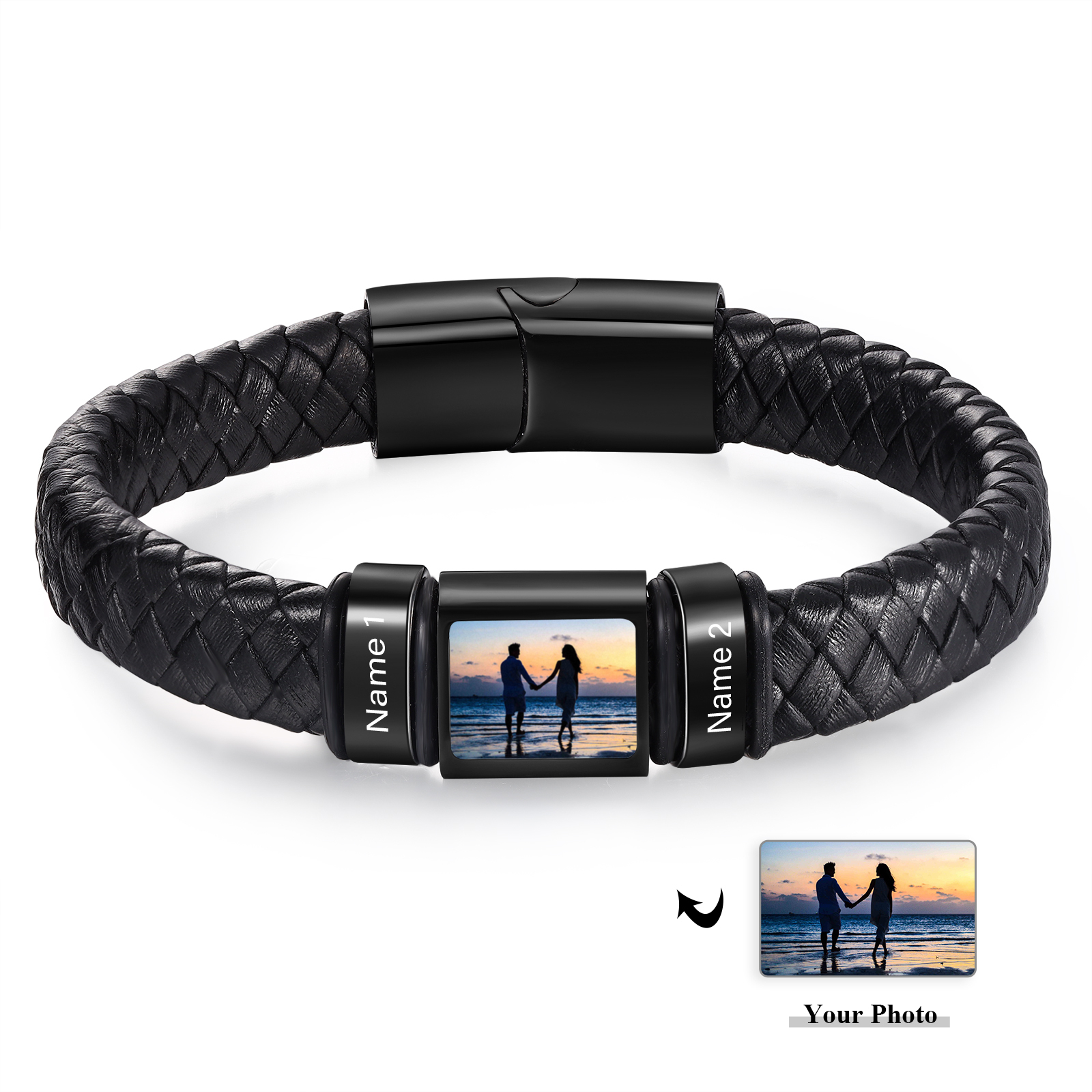 Herren Schmuck – Personalisiertes 1 Foto & 2 Namen Leder Armband – Einzigartiges Geschenk