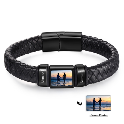 Herren Schmuck – Personalisiertes 1 Foto & 2 Namen Leder Armband – Einzigartiges Geschenk