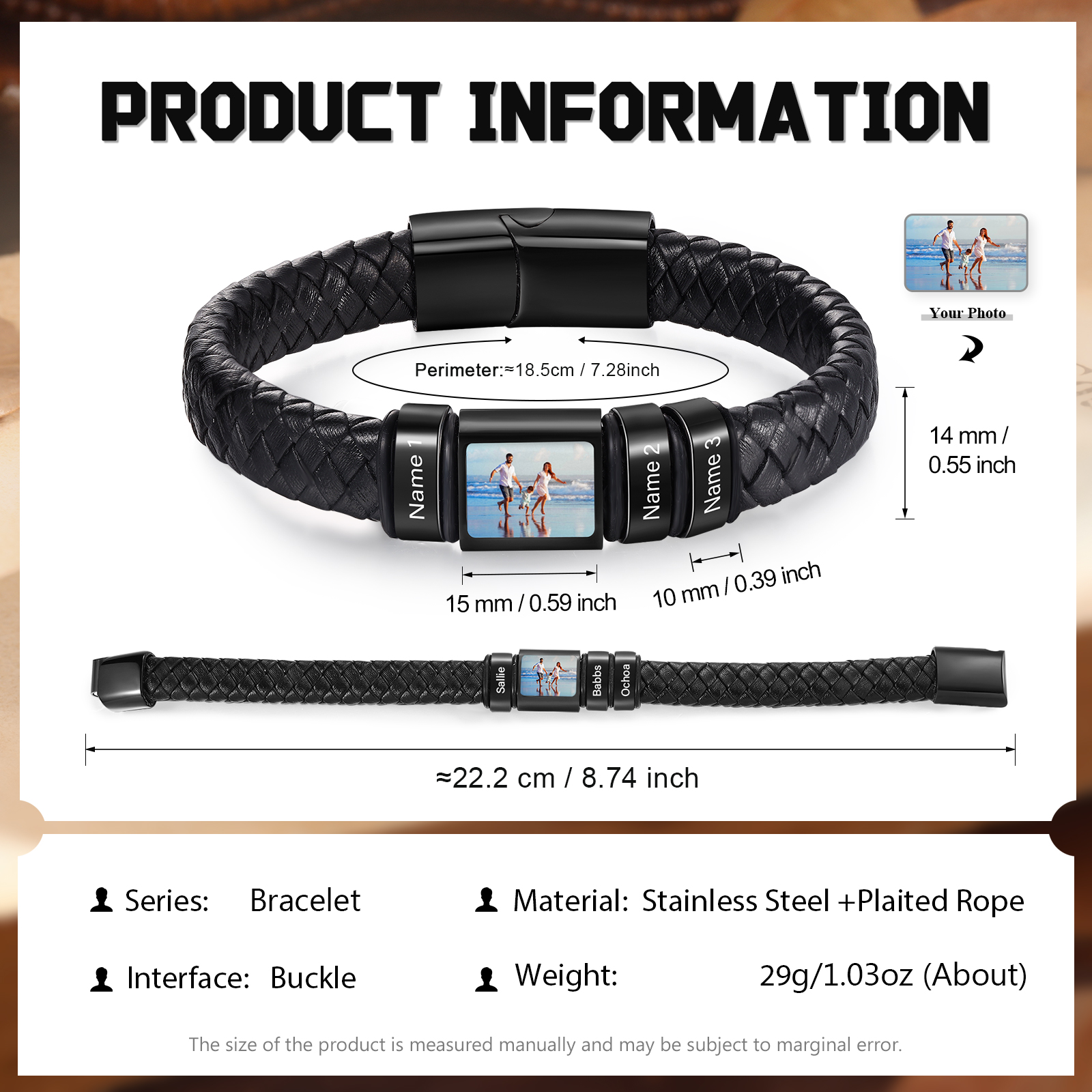 [Copy]Herren Schmuck – Personalisiertes 1 Foto & 3 Namen Leder Armband – Einzigartiges Geschenk