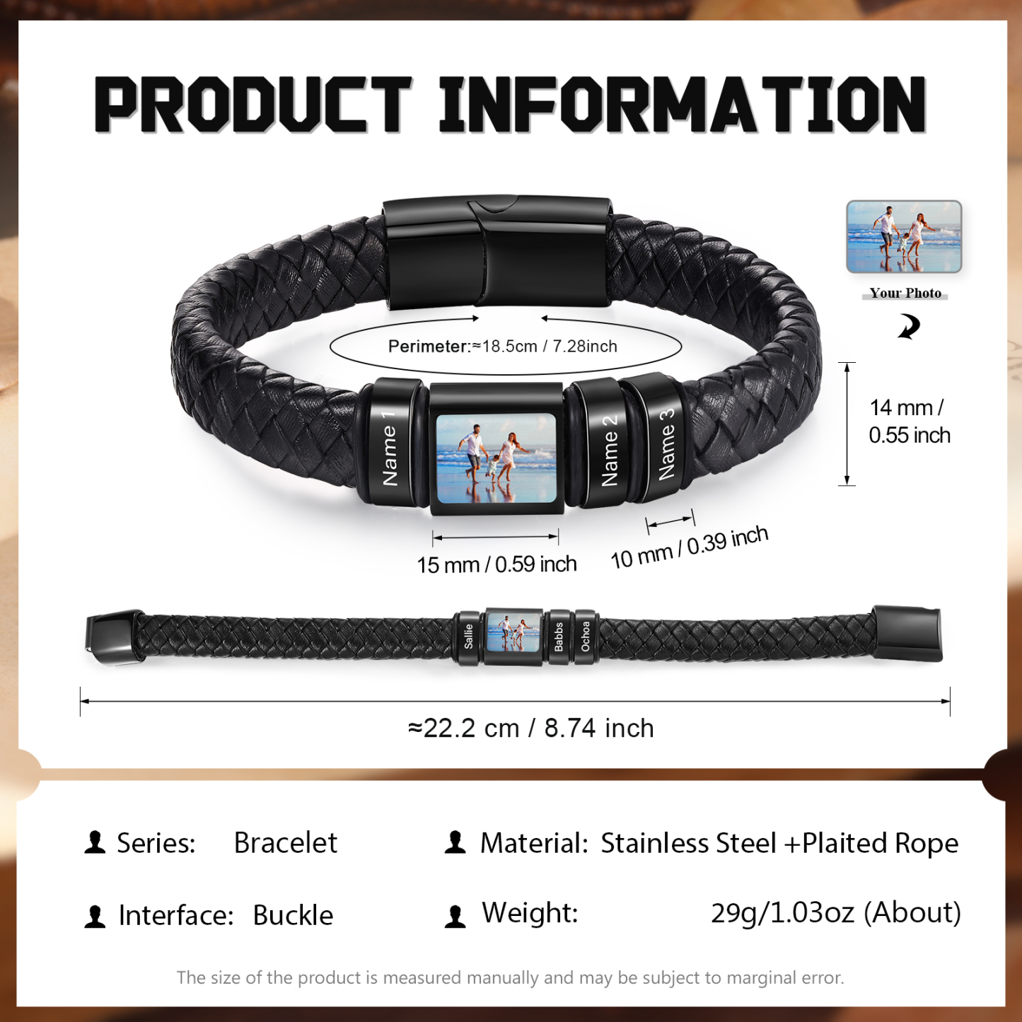 [Copy]Herren Schmuck – Personalisiertes 1 Foto & 3 Namen Leder Armband – Einzigartiges Geschenk