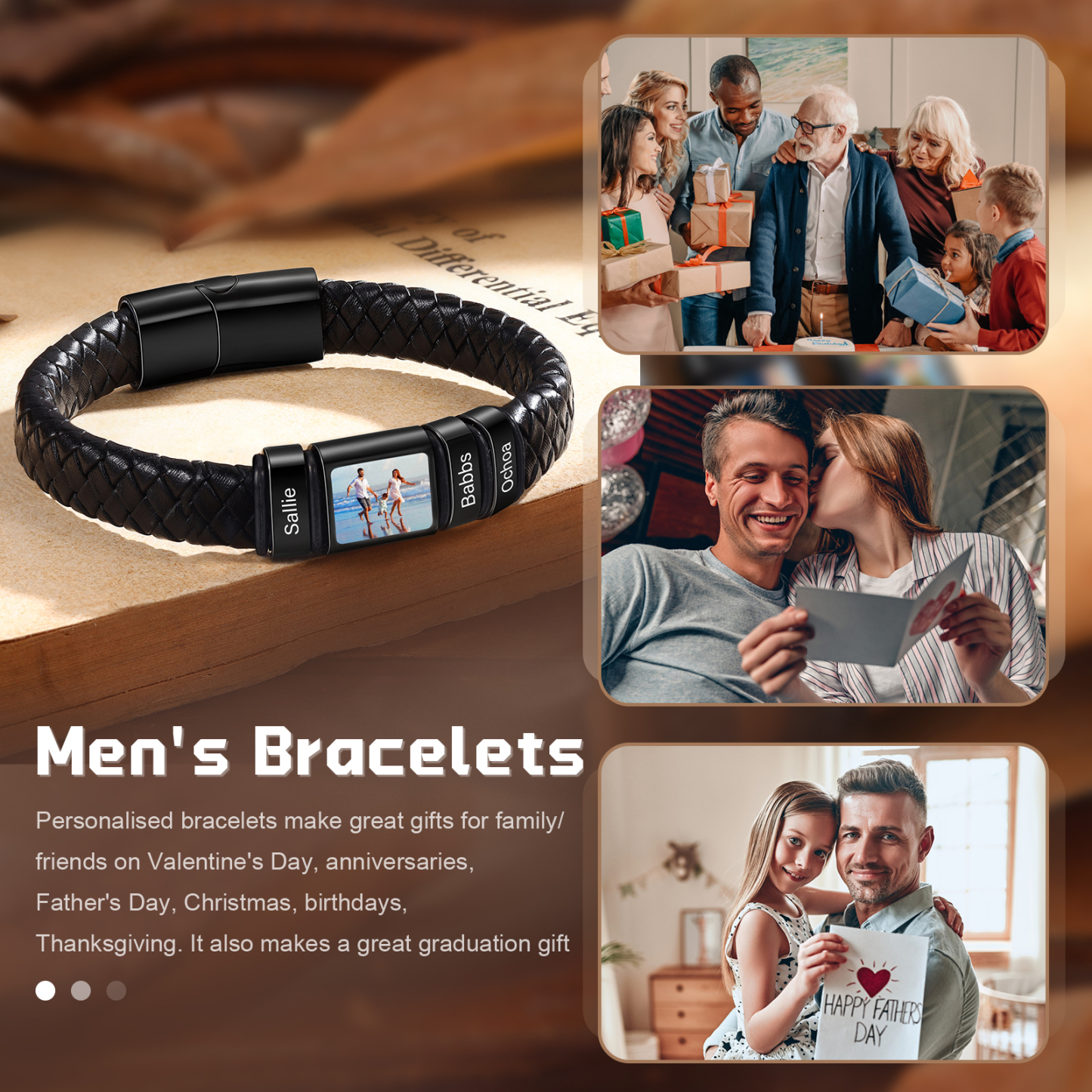 [Copy]Herren Schmuck – Personalisiertes 1 Foto & 3 Namen Leder Armband – Einzigartiges Geschenk