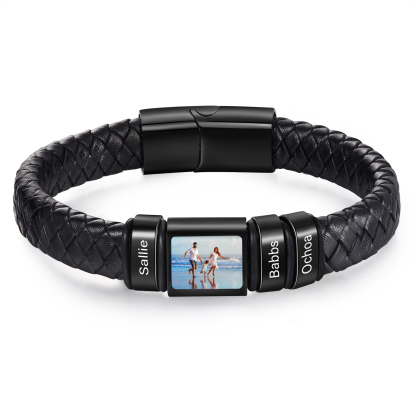 [Copy]Herren Schmuck – Personalisiertes 1 Foto & 3 Namen Leder Armband – Einzigartiges Geschenk