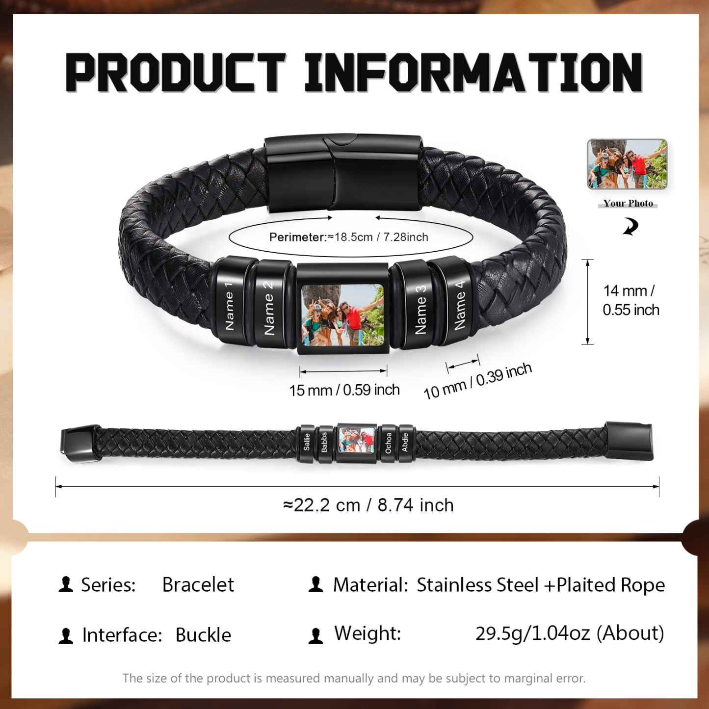 Herren Schmuck – Personalisiertes 1 Foto & 4 Namen Leder Armband – Einzigartiges Geschenk