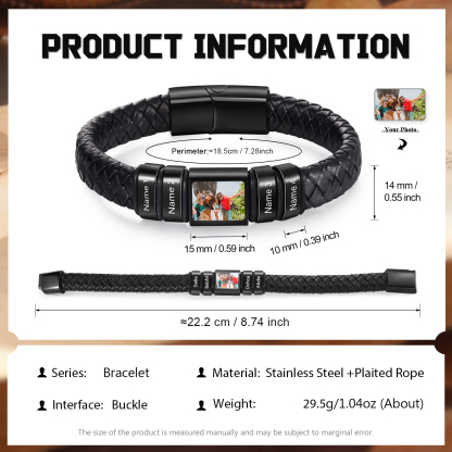 Herren Schmuck – Personalisiertes 1 Foto & 4 Namen Leder Armband – Einzigartiges Geschenk