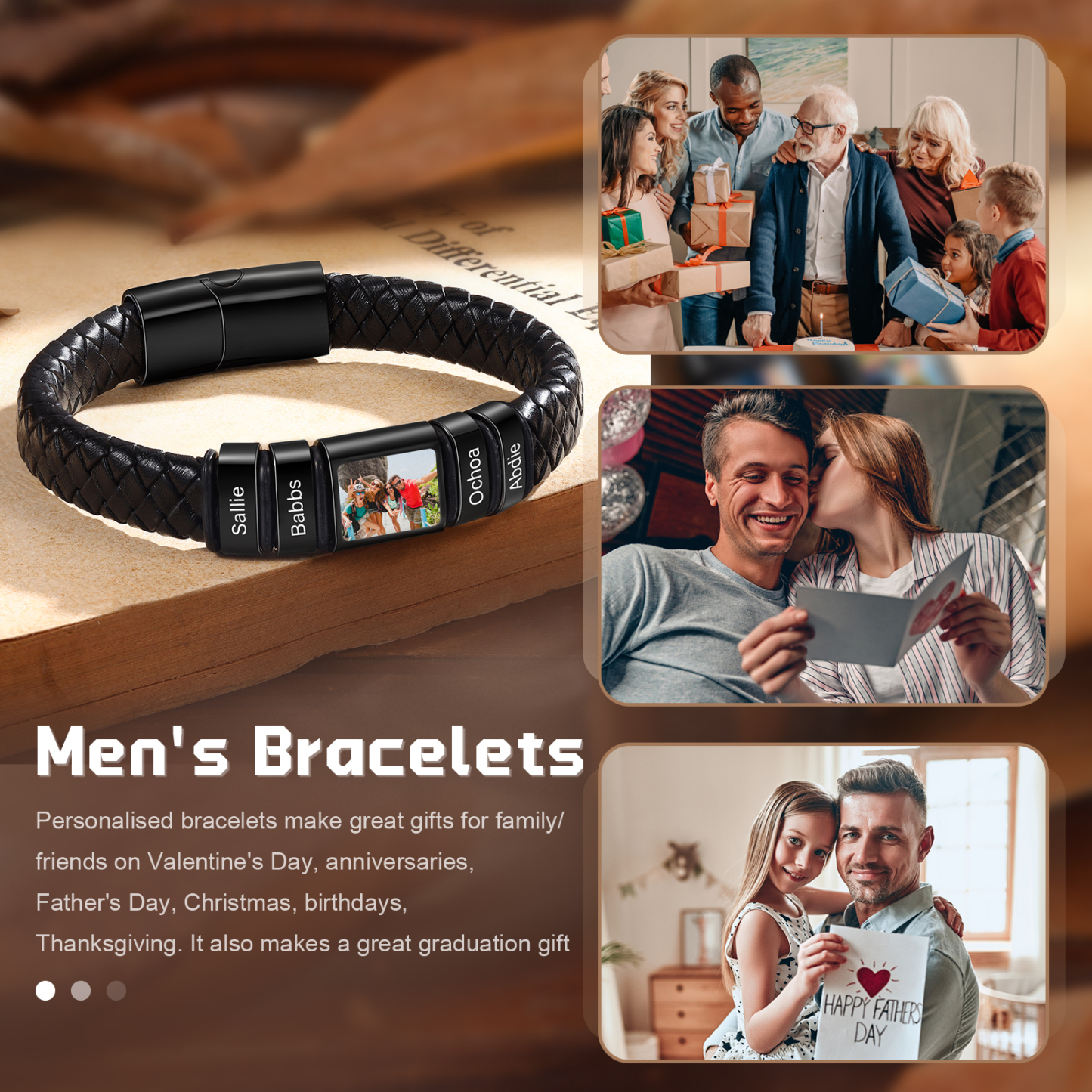 Herren Schmuck – Personalisiertes 1 Foto & 4 Namen Leder Armband – Einzigartiges Geschenk
