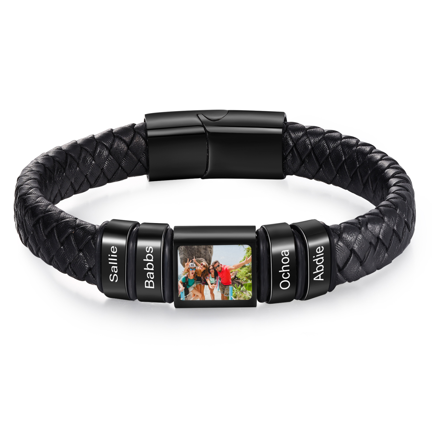 Herren Schmuck – Personalisiertes 1 Foto & 4 Namen Leder Armband – Einzigartiges Geschenk