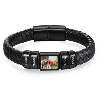 Herren Schmuck – Personalisiertes 1 Foto & 4 Namen Leder Armband – Einzigartiges Geschenk