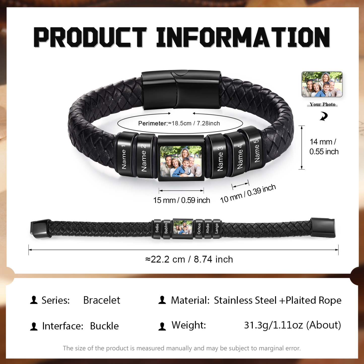 Herren Schmuck – Personalisiertes 1 Foto & 5 Namen Leder Armband – Einzigartiges Geschenk