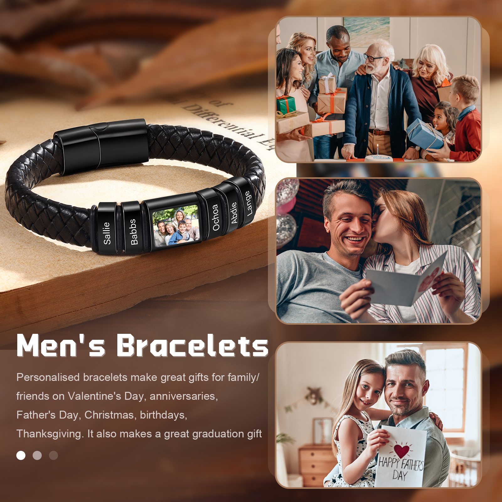 Herren Schmuck – Personalisiertes 1 Foto & 5 Namen Leder Armband – Einzigartiges Geschenk