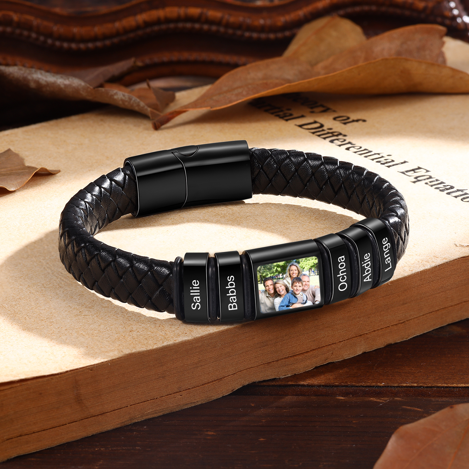 Herren Schmuck – Personalisiertes 1 Foto & 5 Namen Leder Armband – Einzigartiges Geschenk