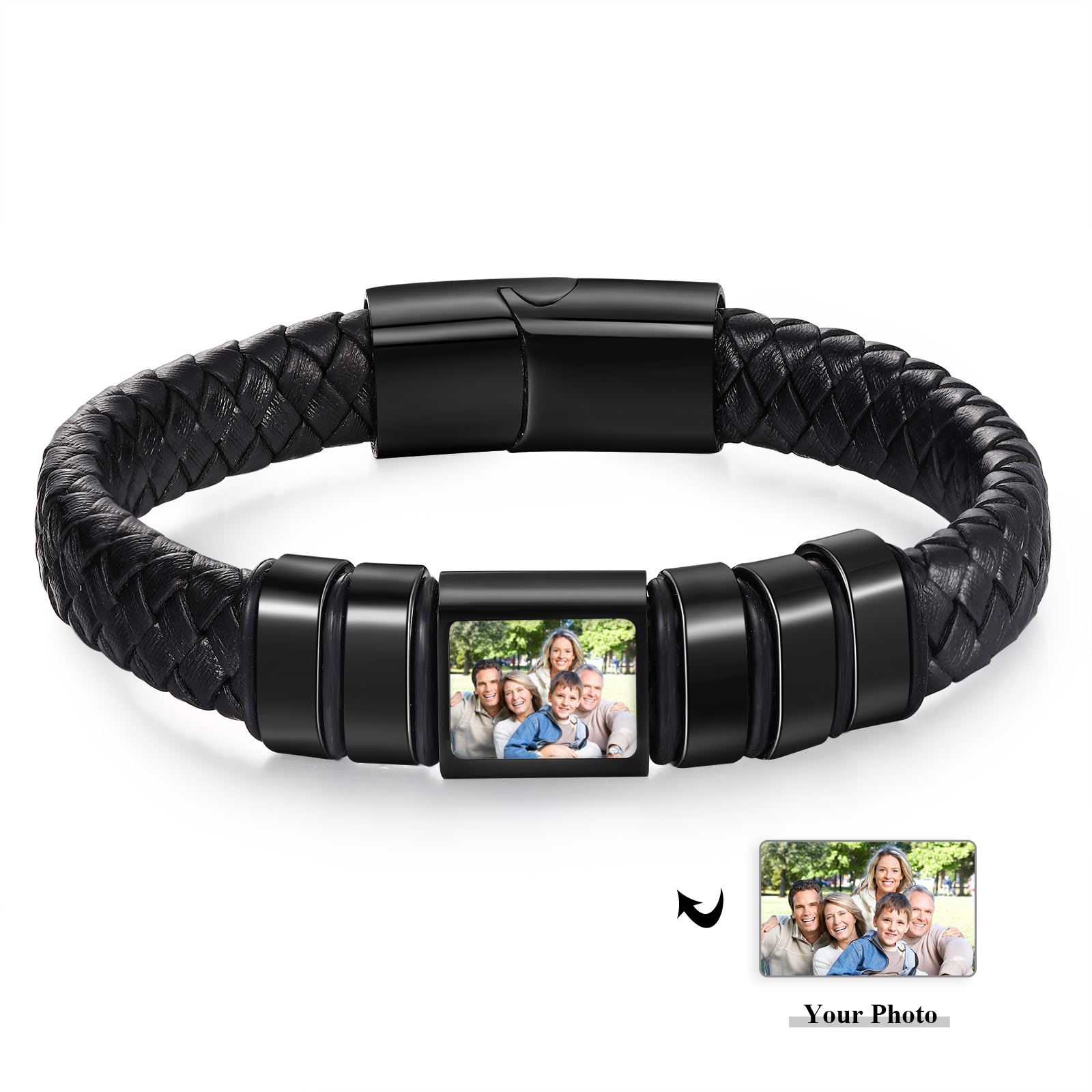 Herren Schmuck – Personalisiertes 1 Foto & 5 Namen Leder Armband – Einzigartiges Geschenk