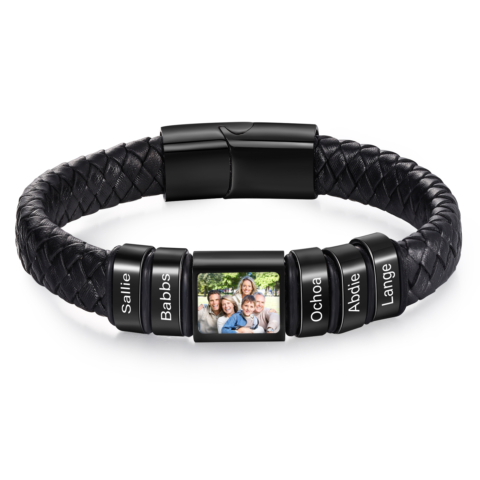 Herren Schmuck – Personalisiertes 1 Foto & 5 Namen Leder Armband – Einzigartiges Geschenk
