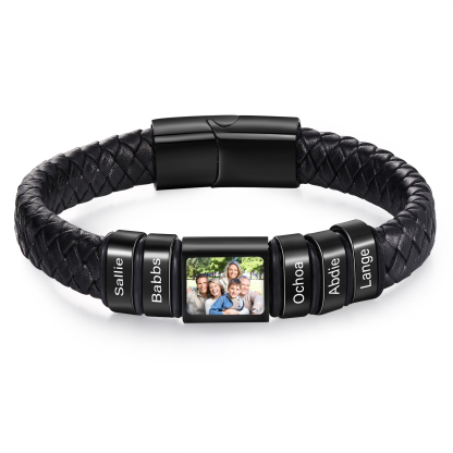Herren Schmuck – Personalisiertes 1 Foto & 5 Namen Leder Armband – Einzigartiges Geschenk