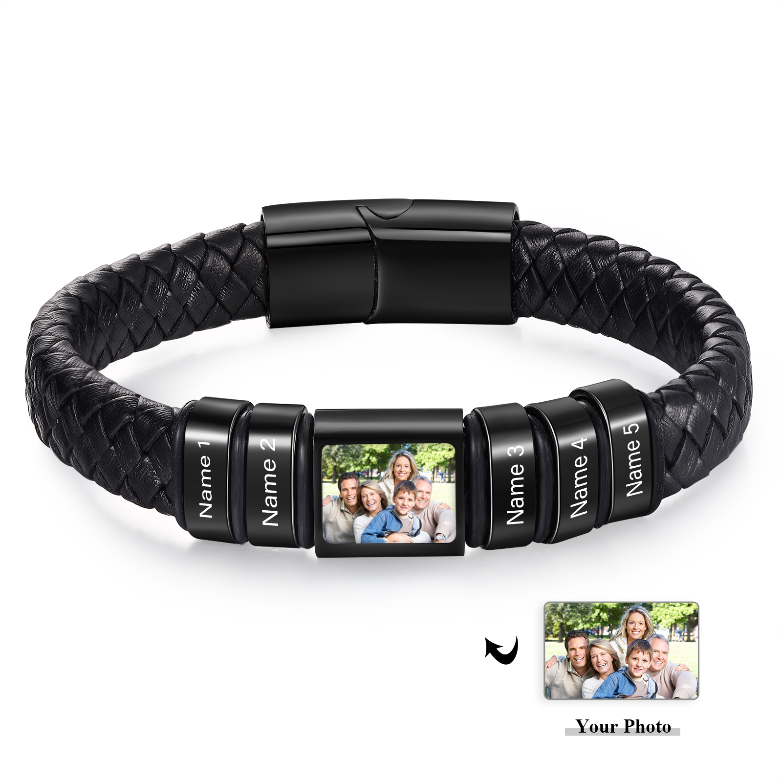 Herren Schmuck – Personalisiertes 1 Foto & 5 Namen Leder Armband – Einzigartiges Geschenk