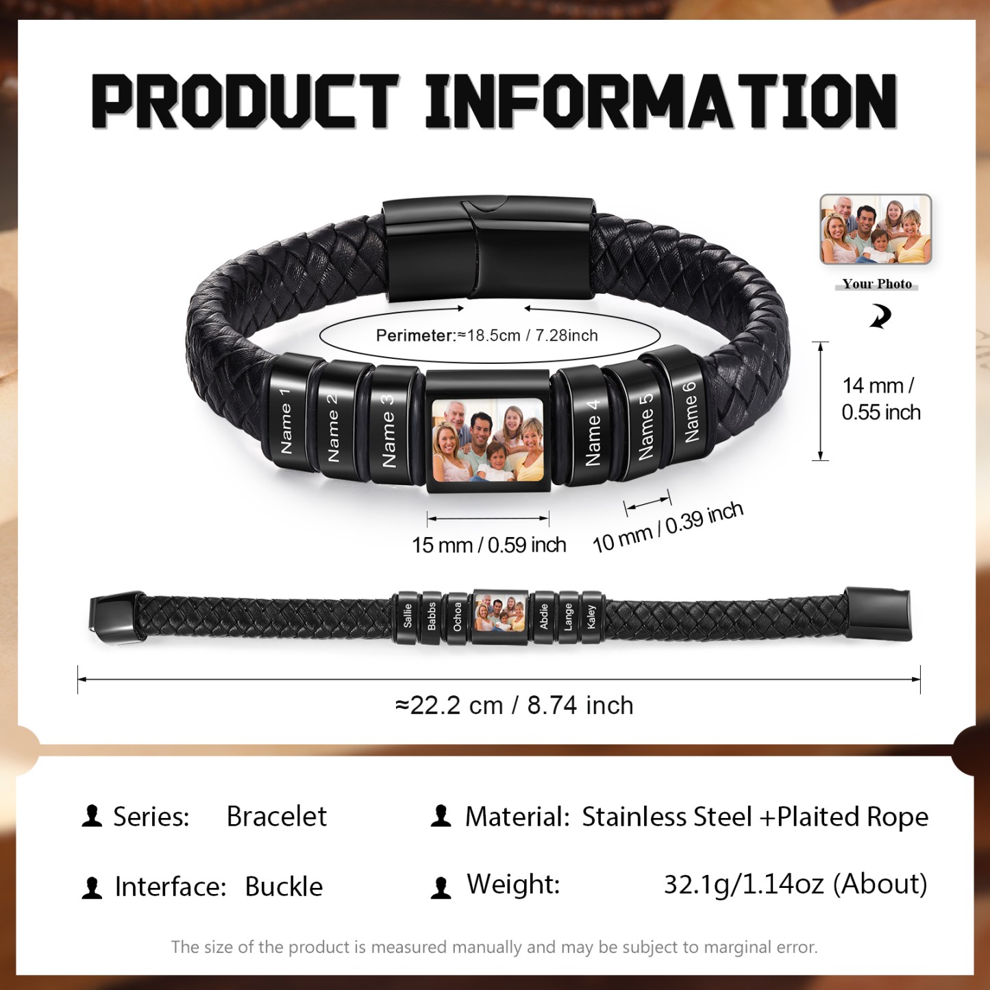 Herren Schmuck – Personalisiertes 1 Foto & 6 Namen Leder Armband – Einzigartiges Geschenk