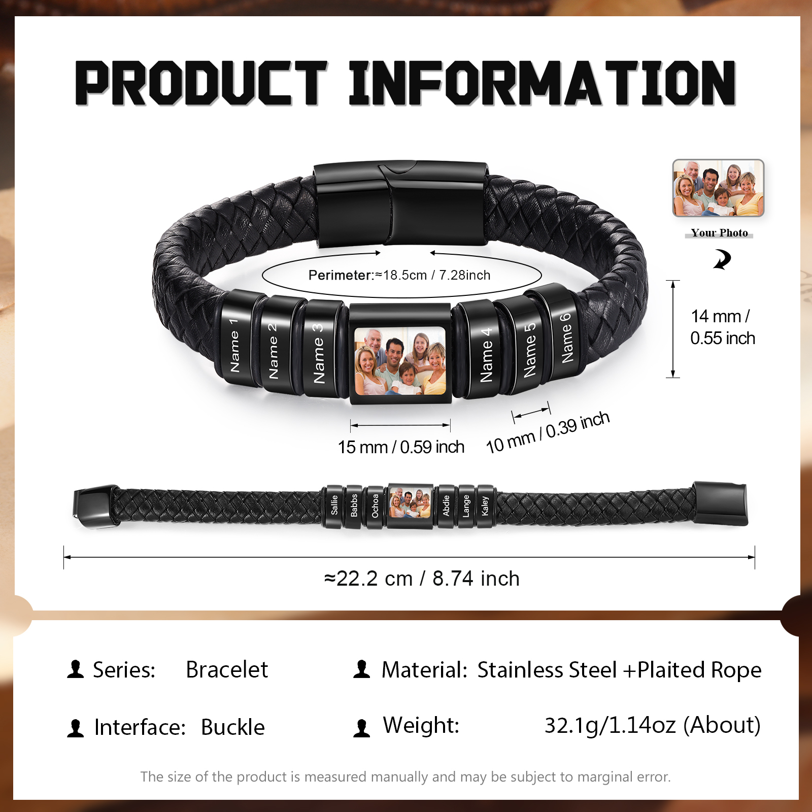 Herren Schmuck – Personalisiertes 1 Foto & 6 Namen Leder Armband – Einzigartiges Geschenk