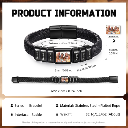 Herren Schmuck – Personalisiertes 1 Foto & 6 Namen Leder Armband – Einzigartiges Geschenk