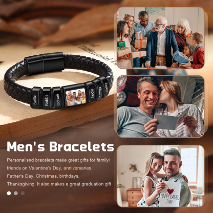 Herren Schmuck – Personalisiertes 1 Foto & 6 Namen Leder Armband – Einzigartiges Geschenk