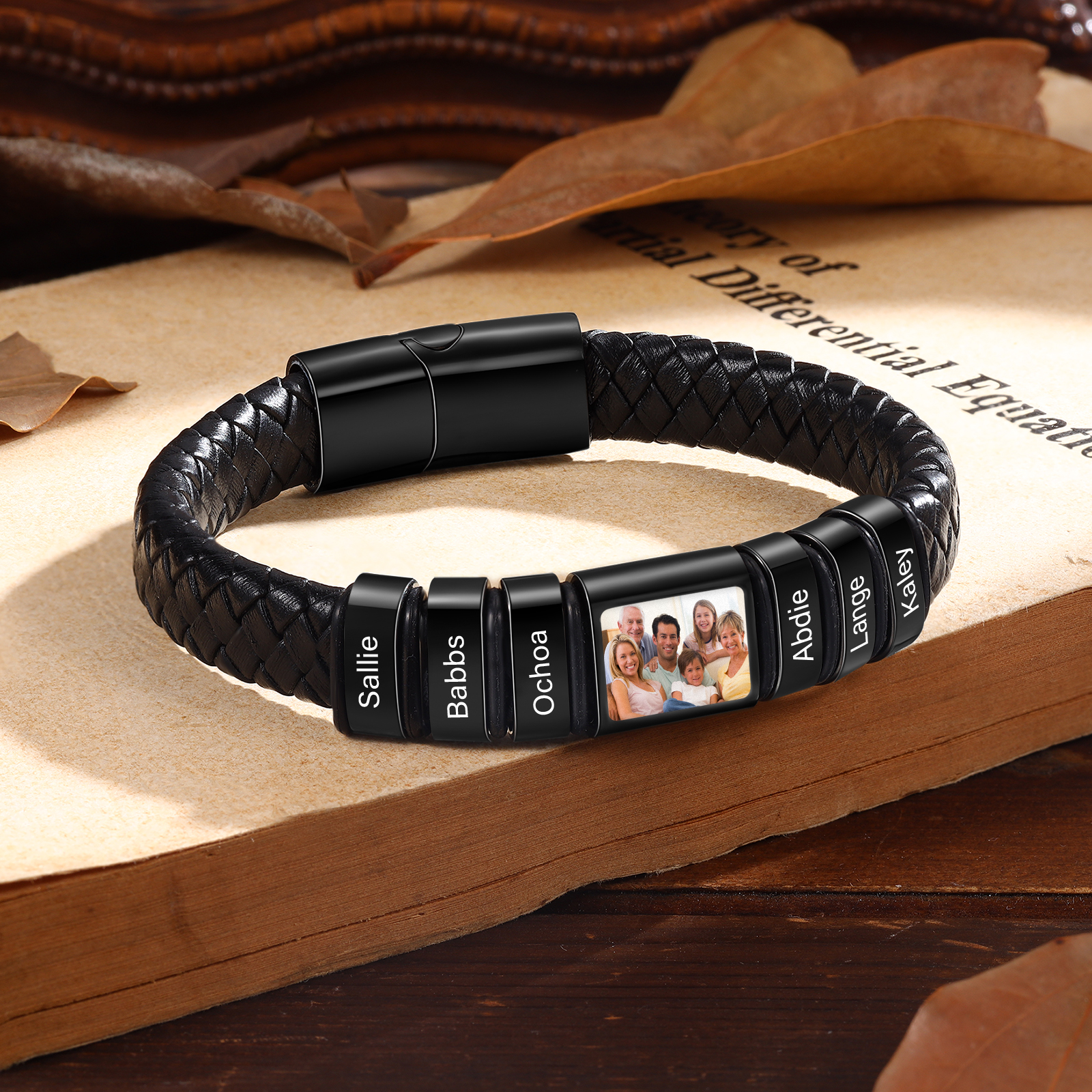 Herren Schmuck – Personalisiertes 1 Foto & 6 Namen Leder Armband – Einzigartiges Geschenk