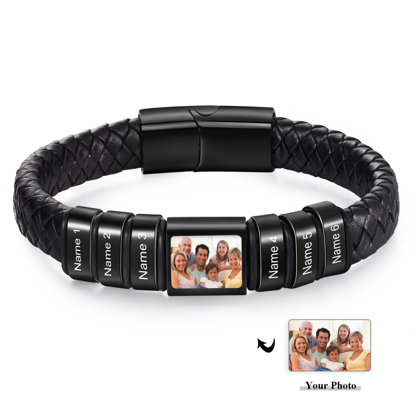 Herren Schmuck – Personalisiertes 1 Foto & 6 Namen Leder Armband – Einzigartiges Geschenk