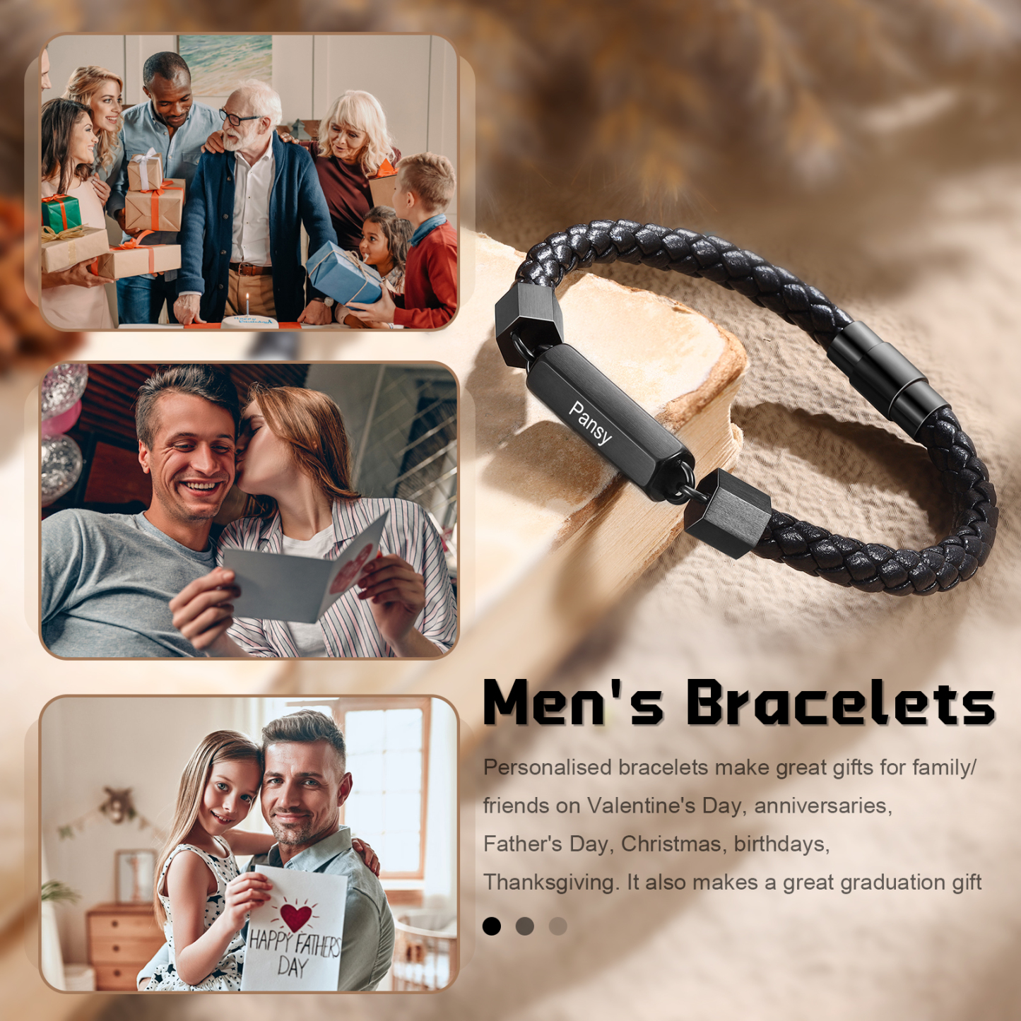 Personalisierte 4 Namen Vintage PU-Leder & Edelstahl Armband für Herren – Ideales Geschenk für Väter Großvater