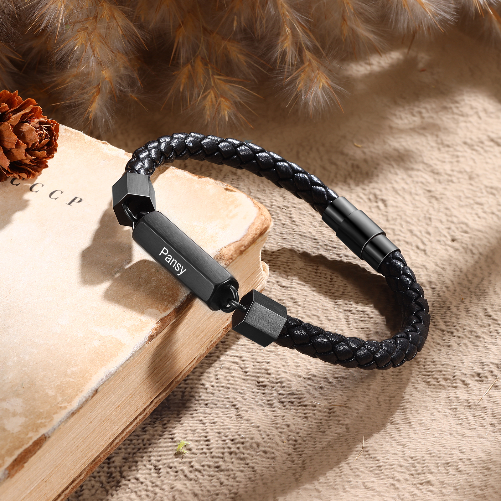 Herren Schmuck-Personalisierte 2 Namen Pu Leder Vintage Armband mit Edelstahl Perle für Großvater