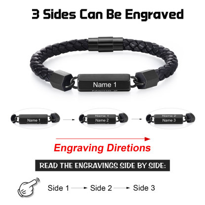 Personalisierte 3 Namen Vintage PU-Leder & Edelstahl Armband für Herren – Ideales Geschenk für Väter Großvater