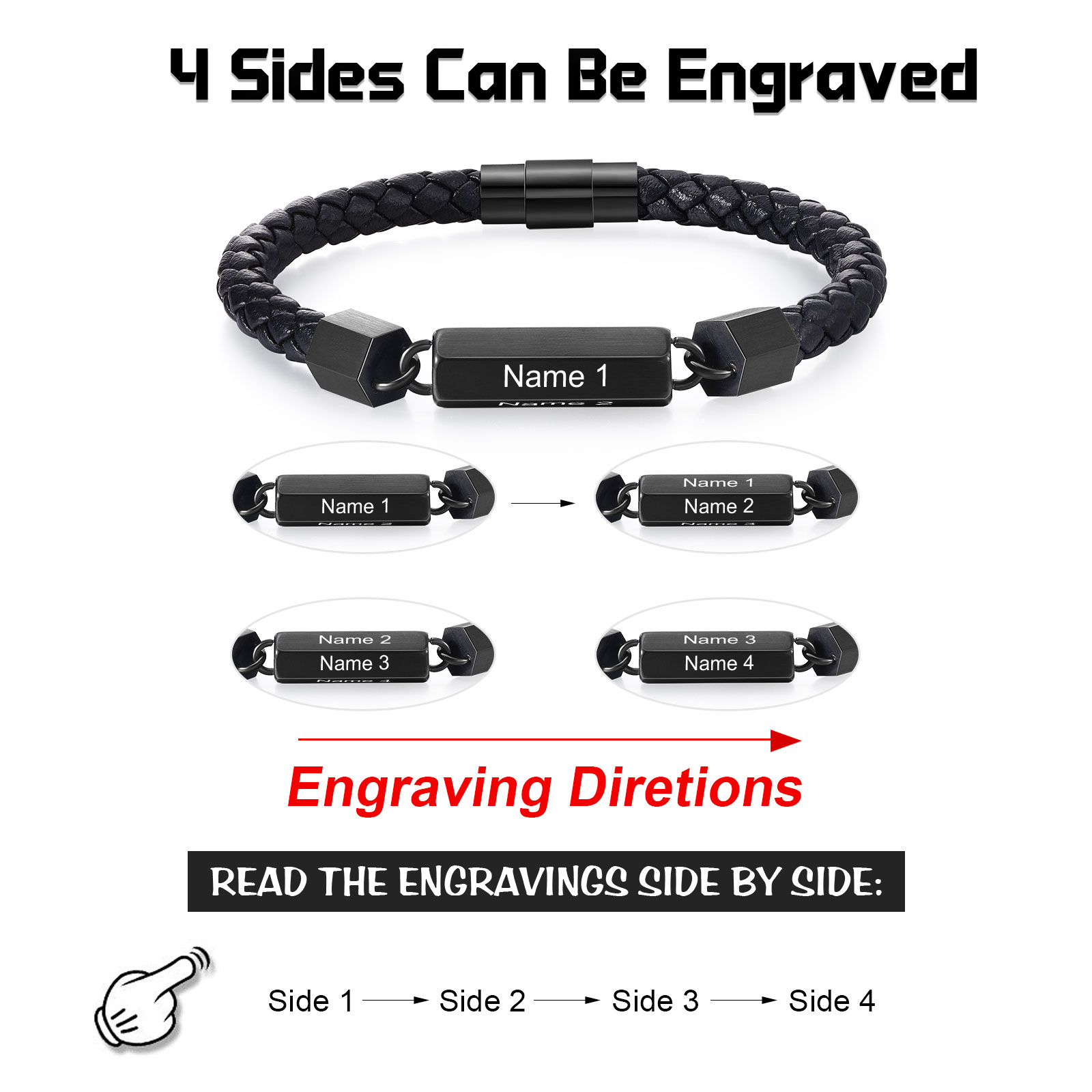 Personalisierte 4 Namen Vintage PU-Leder & Edelstahl Armband für Herren – Ideales Geschenk für Väter Großvater