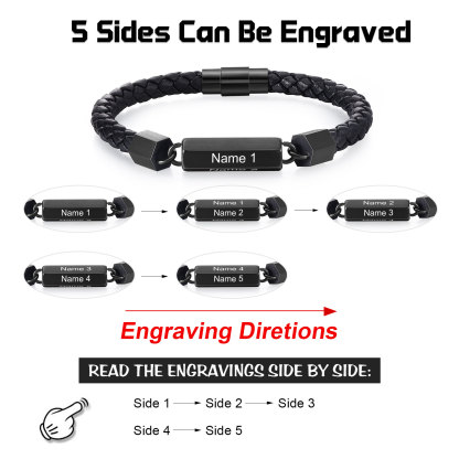 Personalisierte 5 Namen Vintage PU-Leder & Edelstahl Armband für Herren – Ideales Geschenk für Väter Großvater