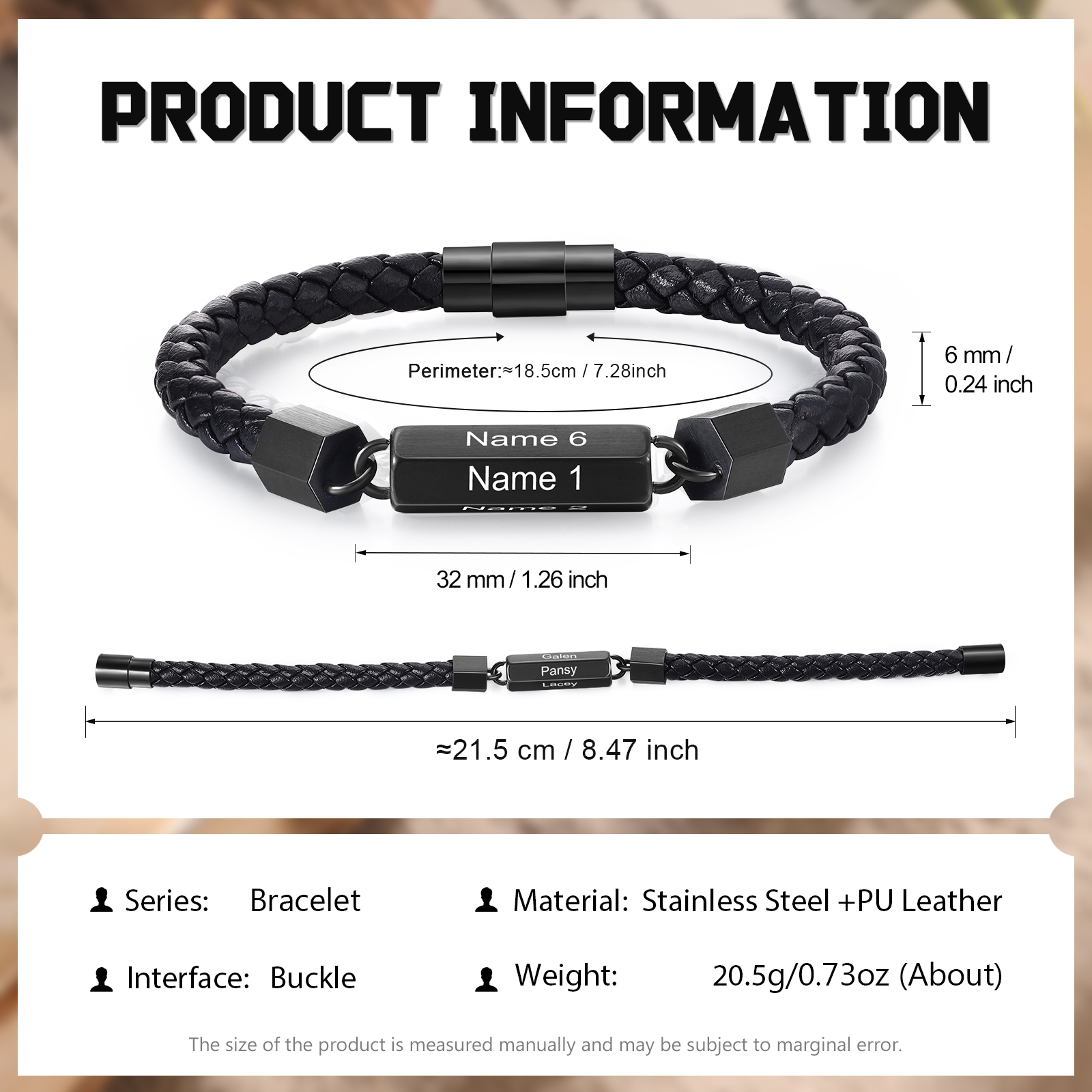 Personalisierte 6 Namen Vintage PU-Leder & Edelstahl Armband für Herren – Ideales Geschenk für Väter Großvater