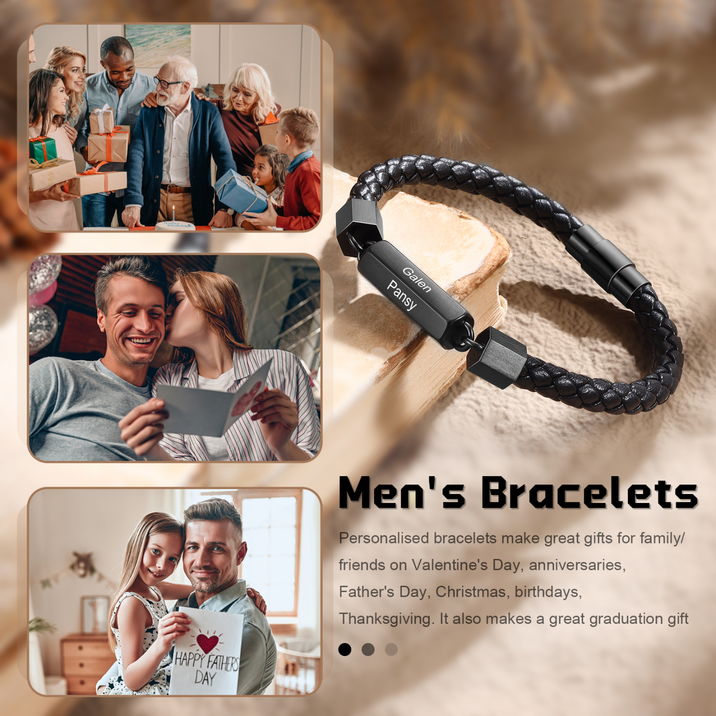 Personalisierte 6 Namen Vintage PU-Leder & Edelstahl Armband für Herren – Ideales Geschenk für Väter Großvater