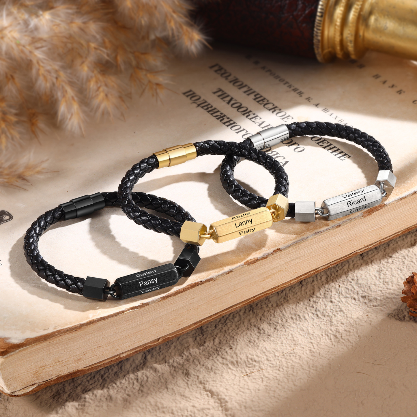 Personalisierte 6 Namen Vintage PU-Leder & Edelstahl Armband für Herren – Ideales Geschenk für Väter Großvater