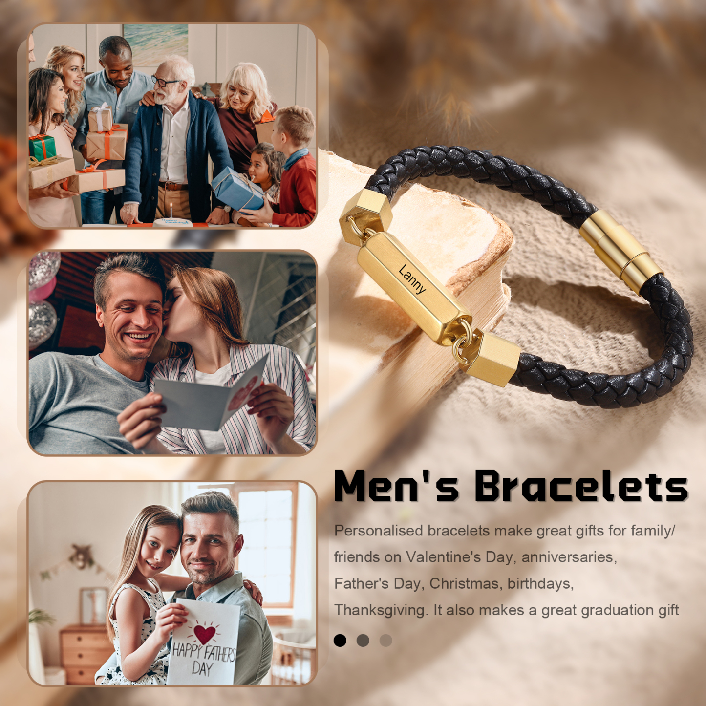 Personalisierter 1 Name rechteckiger Edelstahl-Plakette – Einlagiges Geflochtenes Leder Herren Armband
