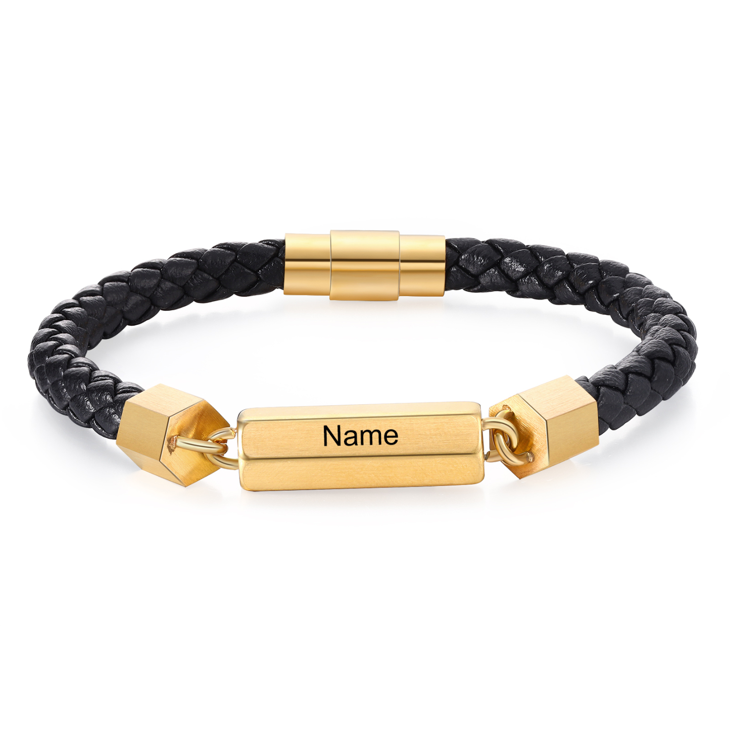 Personalisierter 1 Name rechteckiger Edelstahl-Plakette – Einlagiges Geflochtenes Leder Herren Armband