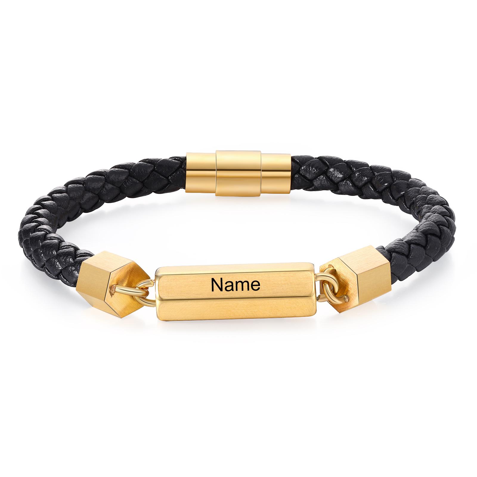 Personalisierter 1 Name rechteckiger Edelstahl-Plakette – Einlagiges Geflochtenes Leder Herren Armband