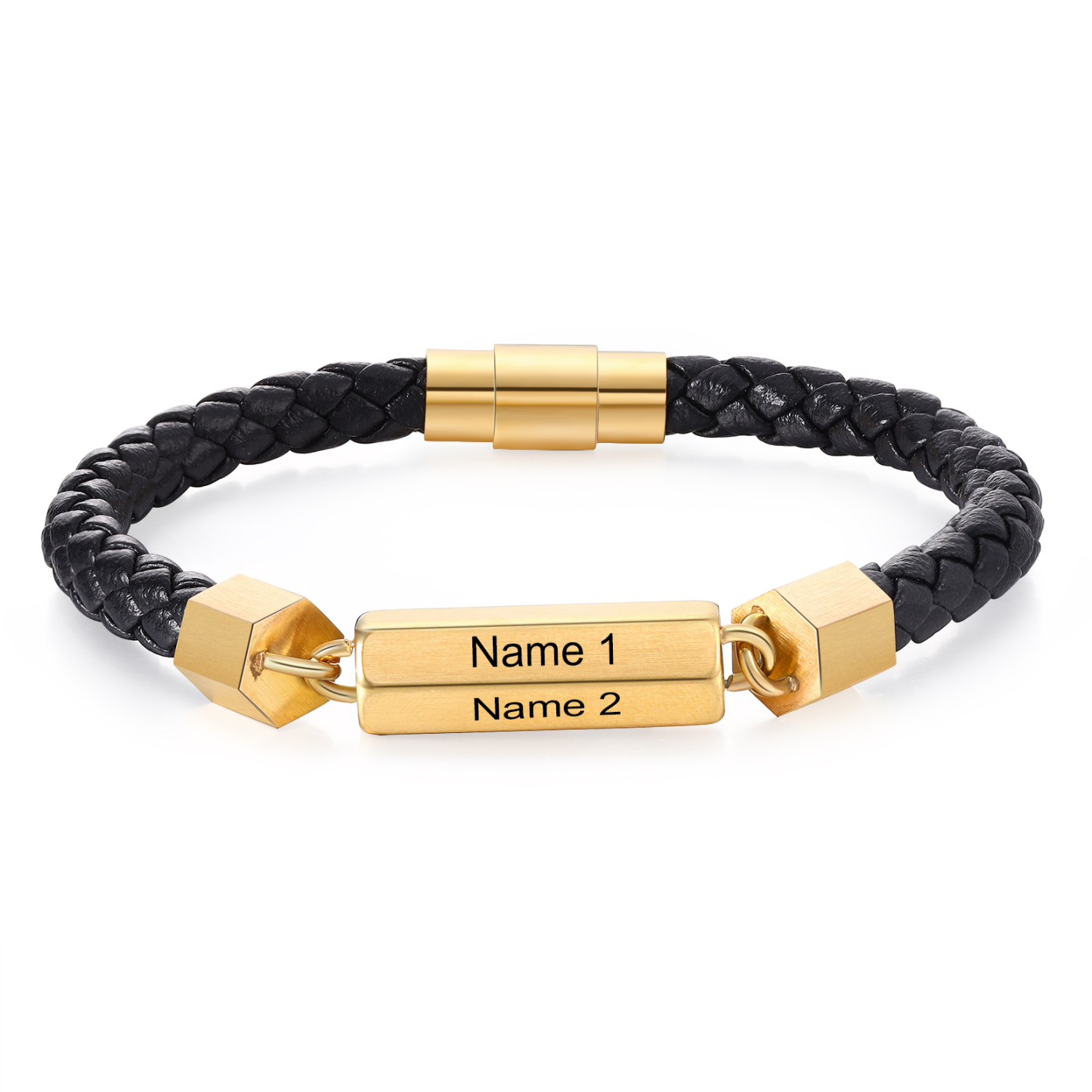 Personalisierte 2 Namen rechteckiger Edelstahl-Plakette – Einlagiges Geflochtenes Leder Herren Armband