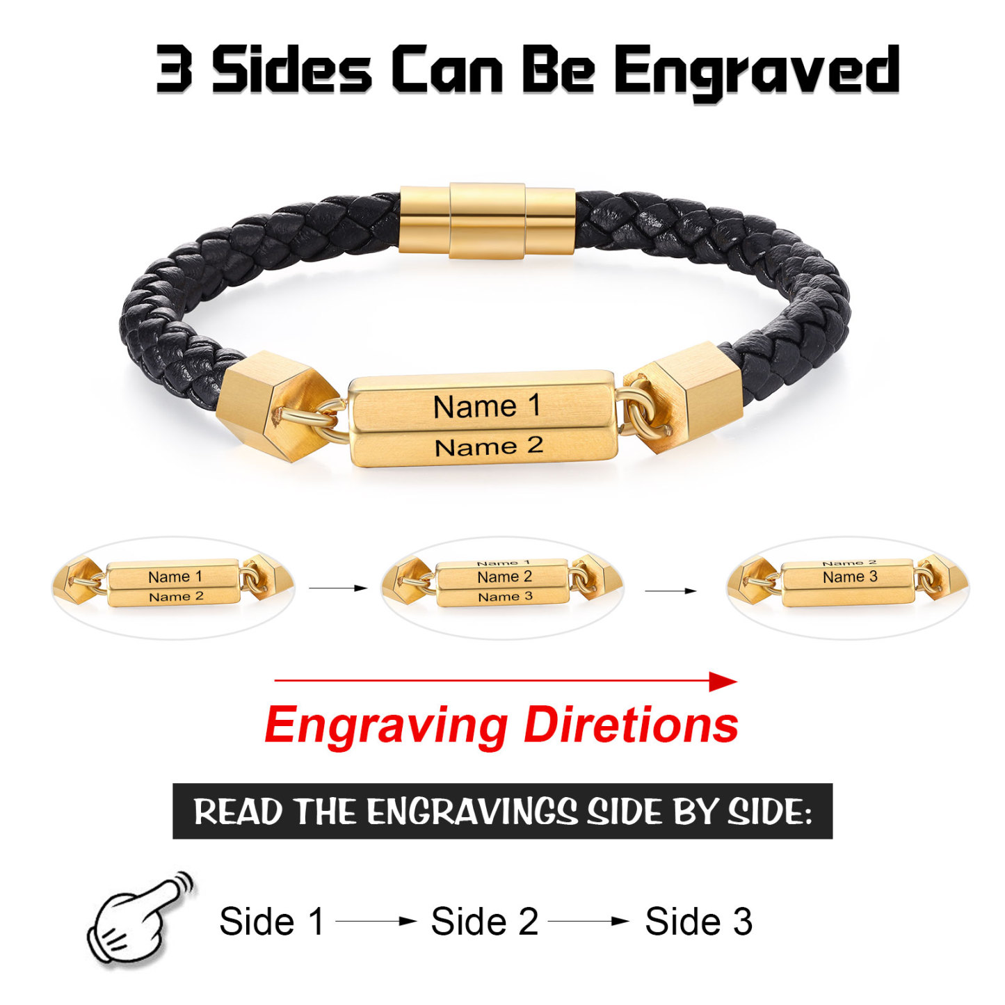 Personalisierte 3 Namen rechteckiger Edelstahl-Plakette – Einlagiges Geflochtenes Leder Herren Armband