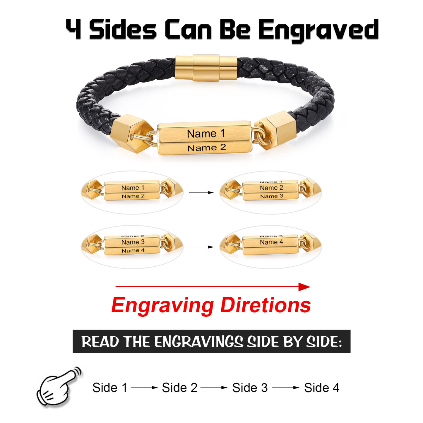 Personalisierte 4 Namen rechteckiger Edelstahl-Plakette – Einlagiges Geflochtenes Leder Herren Armband