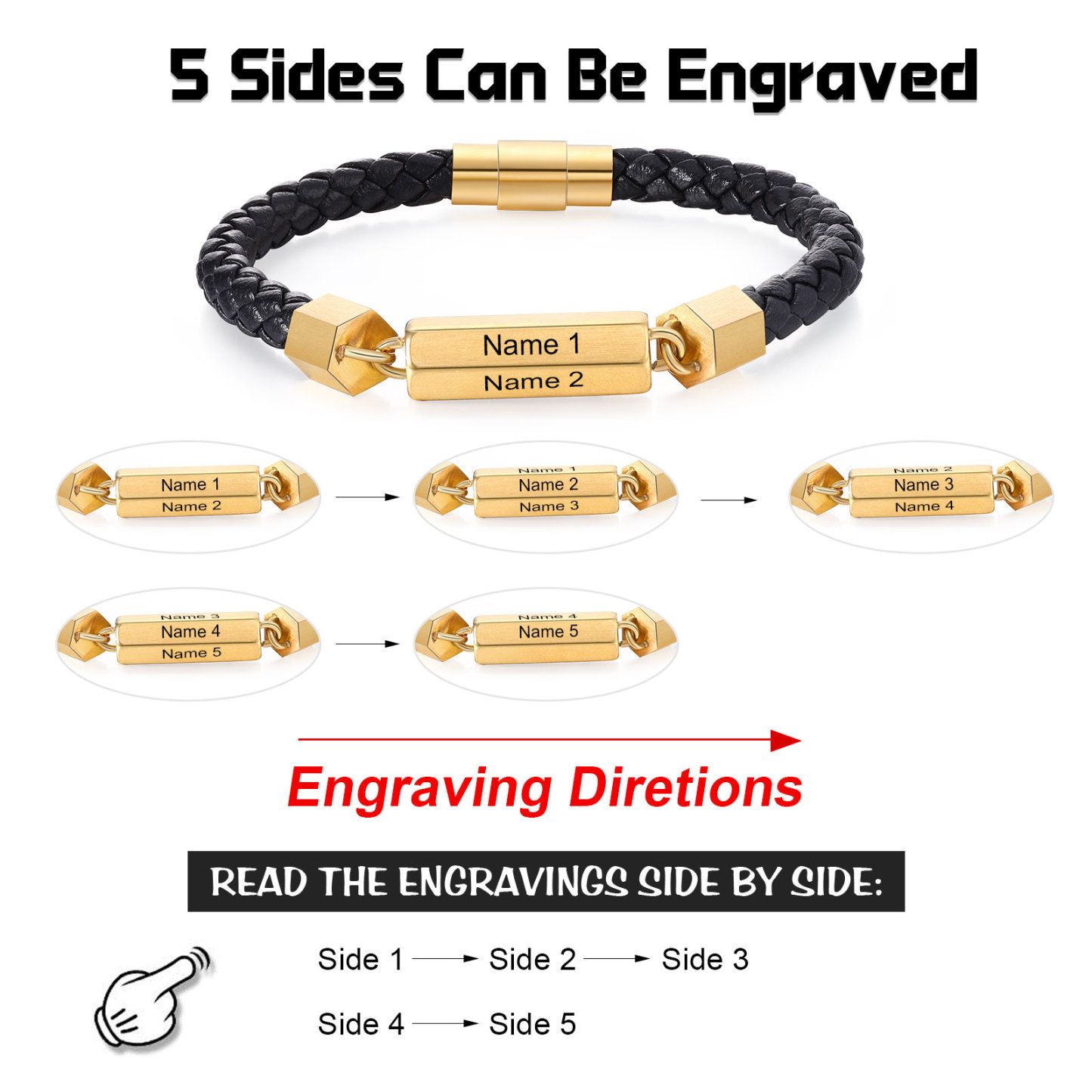 Personalisierte 5 Namen rechteckiger Edelstahl-Plakette – Einlagiges Geflochtenes Leder Herren Armband