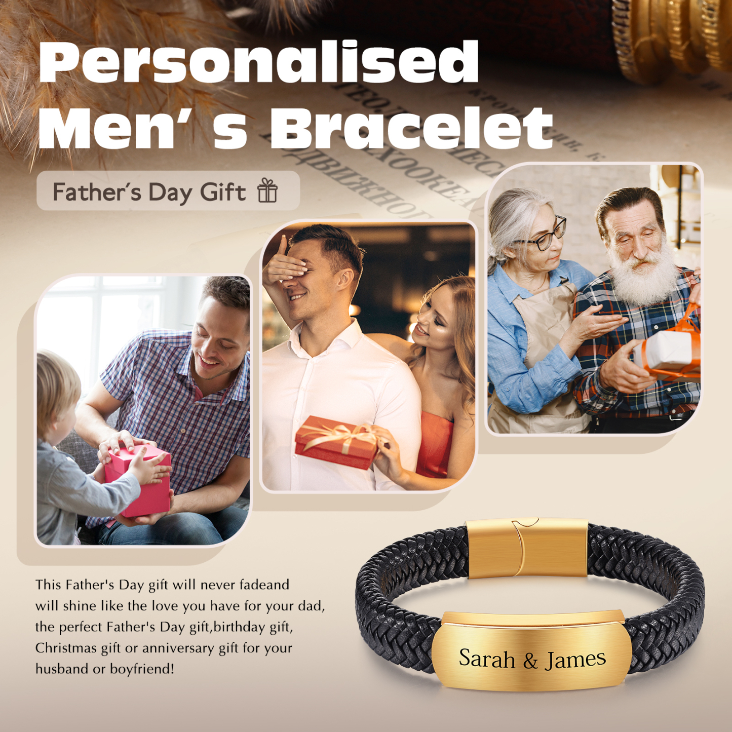 Personalisierter 1 Text Herrenarmband PU-Leder & Edelstahl – Elegantes Geschenk für Väter Vatertag