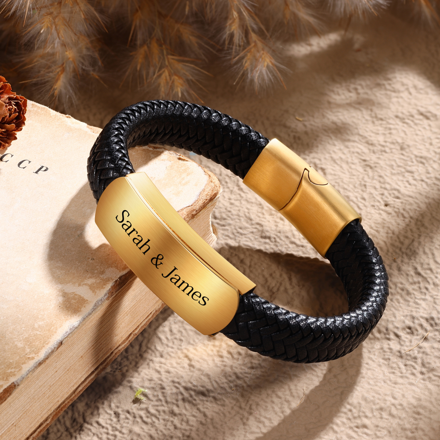 Personalisierter 1 Text Herrenarmband PU-Leder & Edelstahl – Elegantes Geschenk für Väter Vatertag