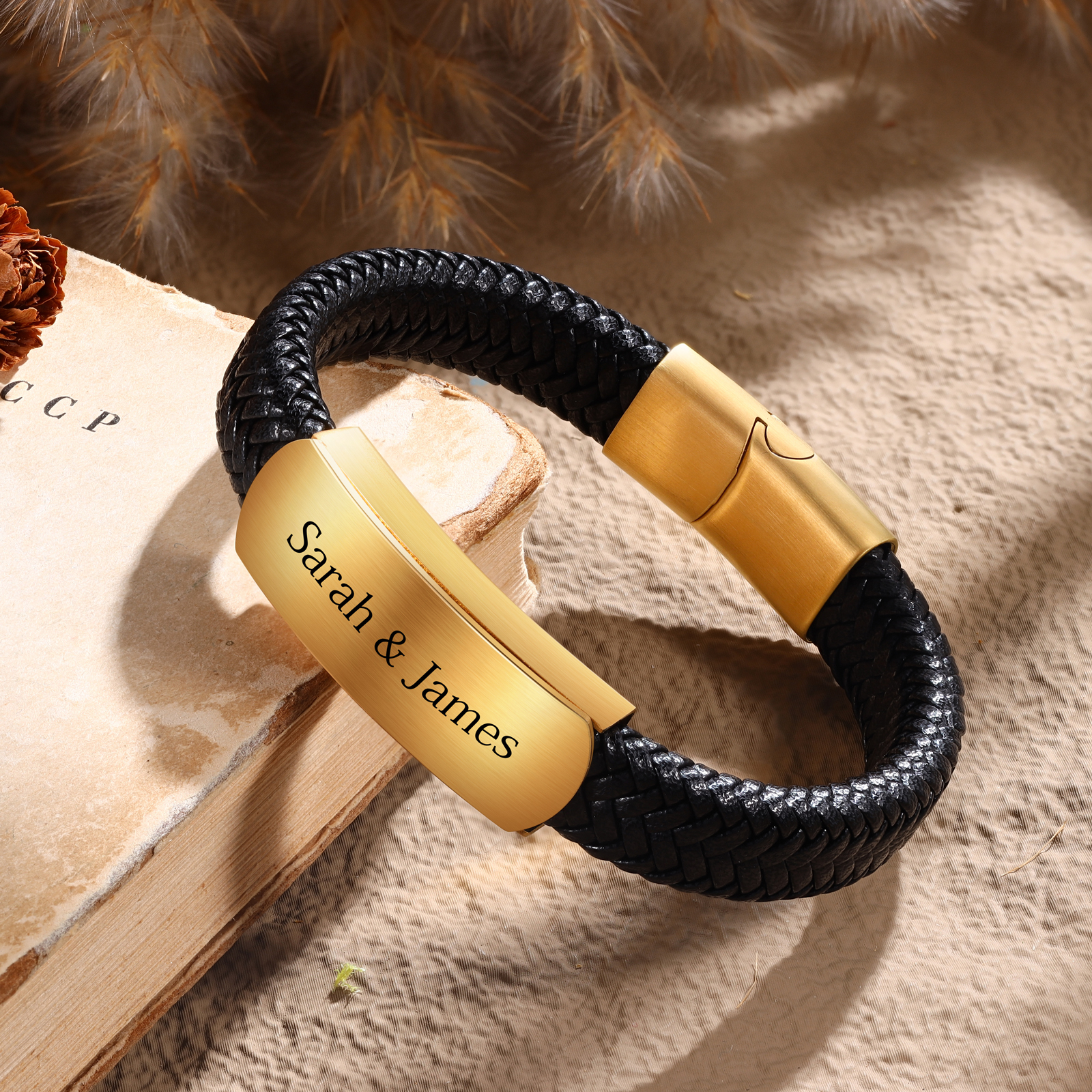 Personalisierter 1 Text Herrenarmband PU-Leder & Edelstahl – Elegantes Geschenk für Väter Vatertag