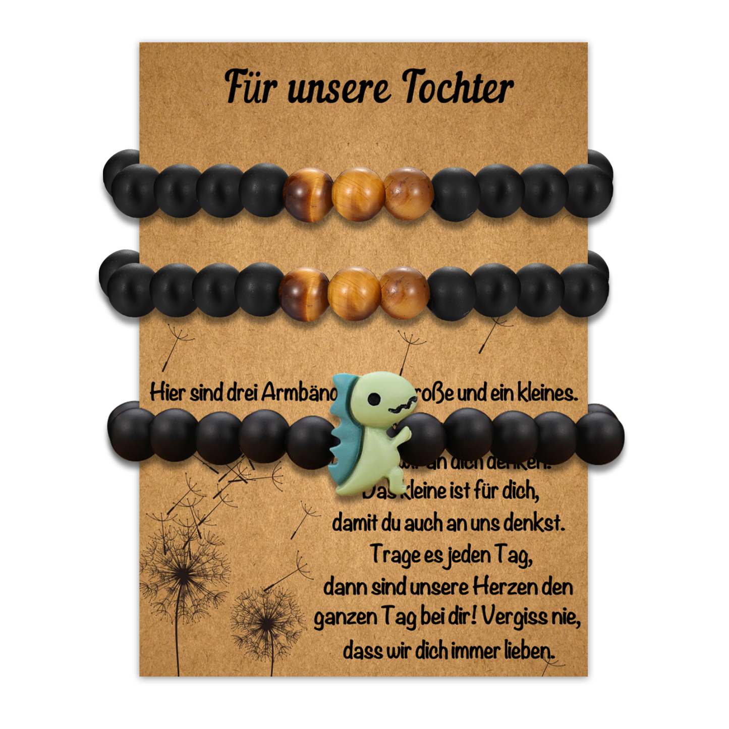 Dinos Eltern & KindArmband Armbänder Set mit 3 Ketten-Für unsere Tochter-Schulanfang Geschenk mit Nachrichtenkarte