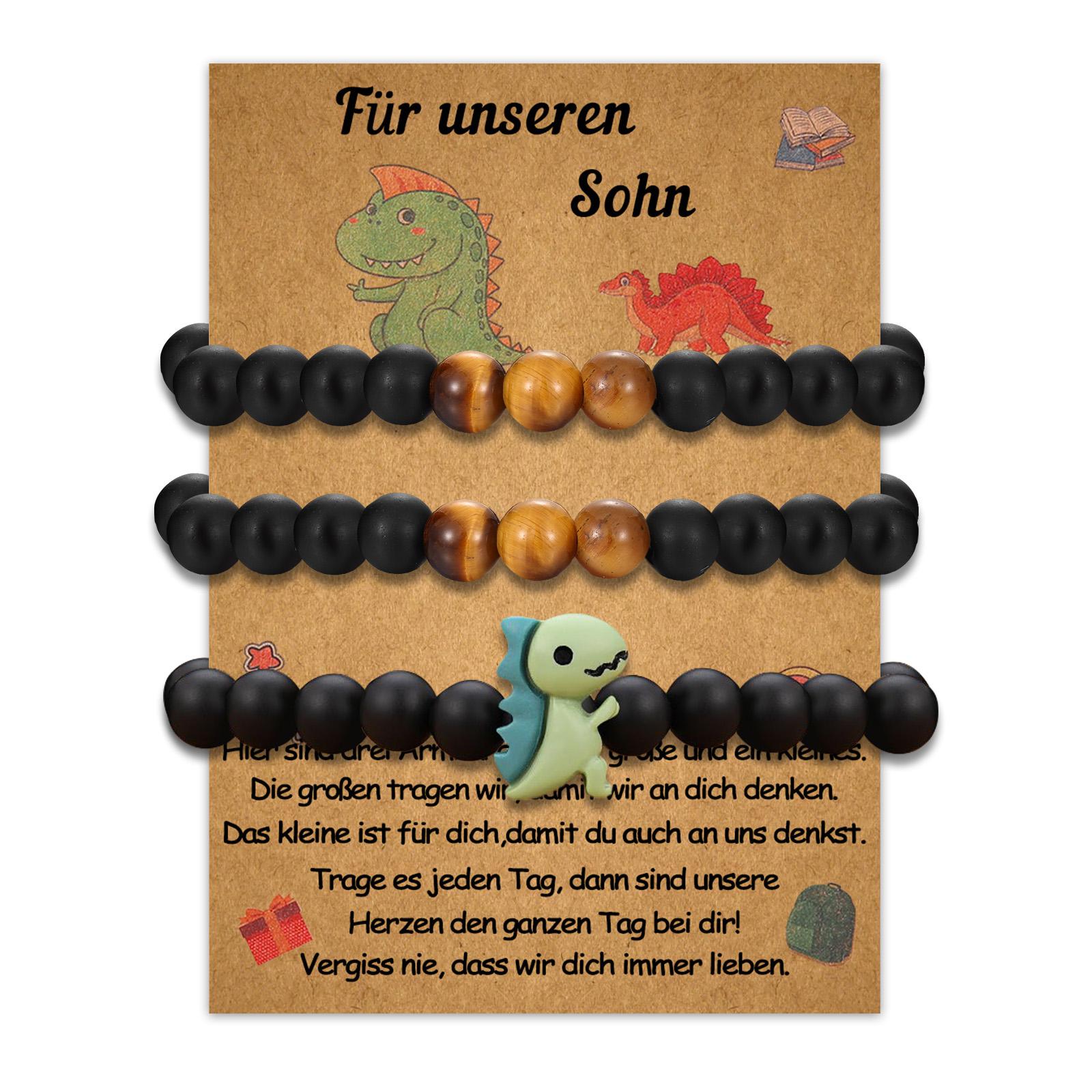 Dinos Eltern & Kind Armband Armbänder Set mit 3 Ketten-Für unseren Sohn-Schulanfang Geschenk mit Nachrichtenkarte