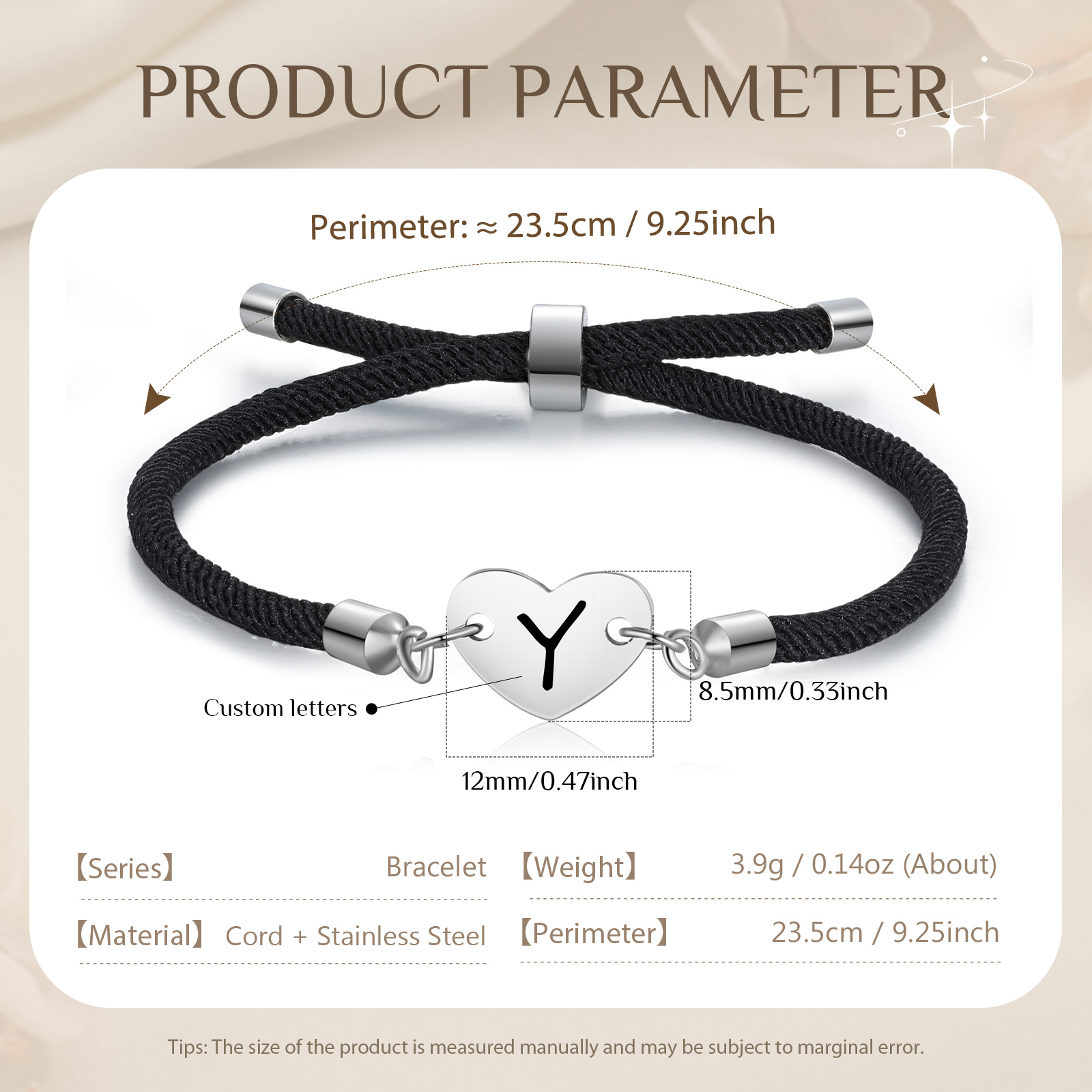 Personalisierter 1 Buchstaben Herz Armband mit Baumwollseil in Schwarz & Weiß & Rosa