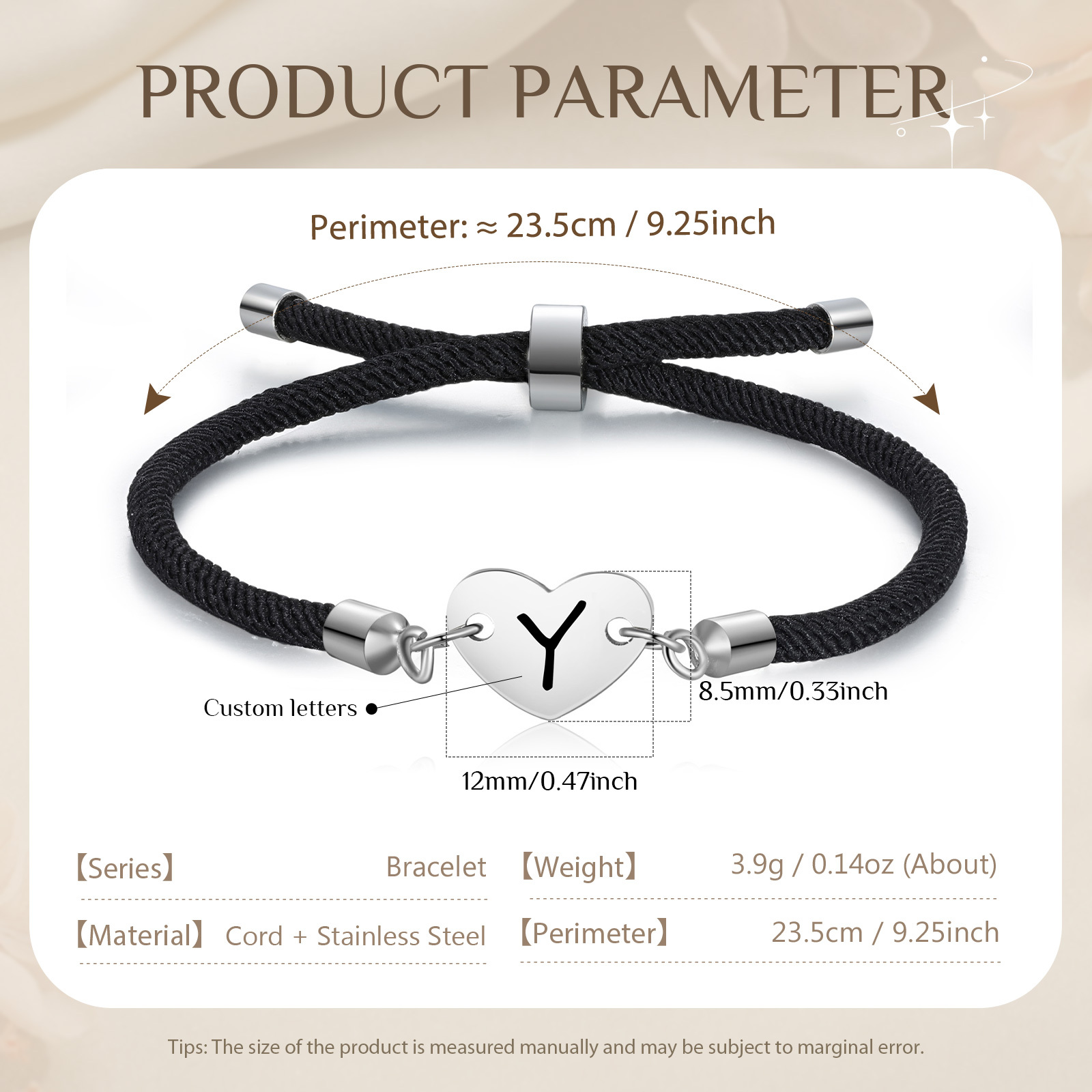 Personalisierter 1 Buchstaben Herz Armband mit Baumwollseil in Schwarz & Weiß & Rosa