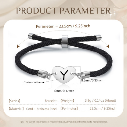 Personalisierter 1 Buchstaben Herz Armband mit Baumwollseil in Schwarz & Weiß & Rosa