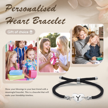 Personalisierter 1 Buchstaben Herz Armband mit Baumwollseil in Schwarz & Weiß & Rosa